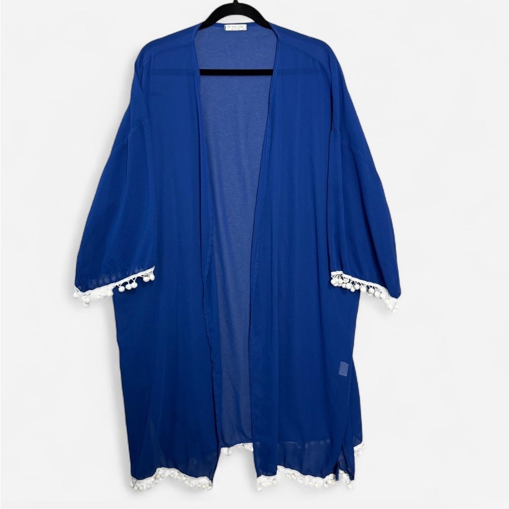 Blue Kimono with White Pom Pom‎ Trim